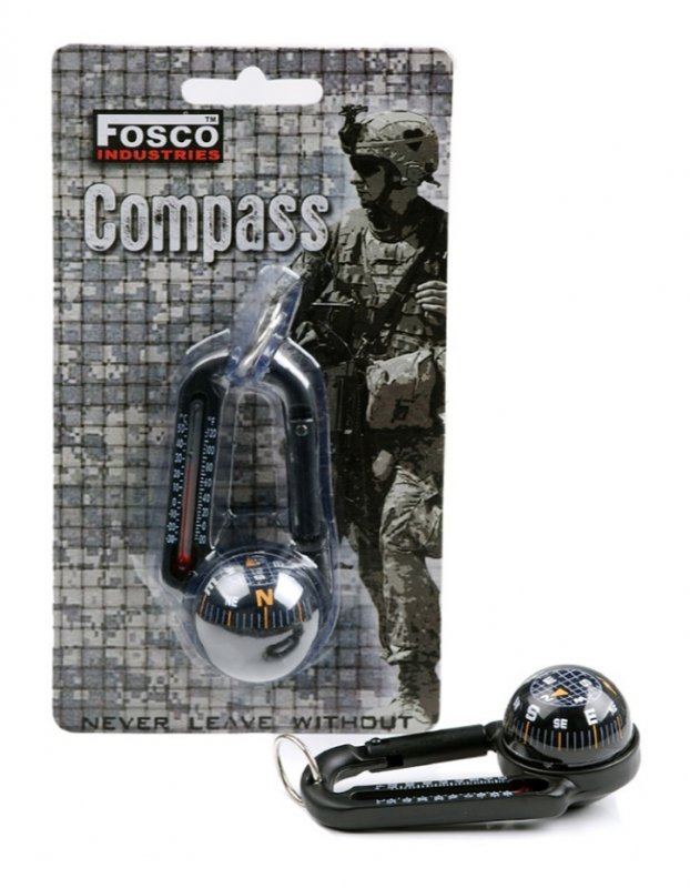 Fém karabiner iránytűvel és hőmérővel Fosco Fekete 